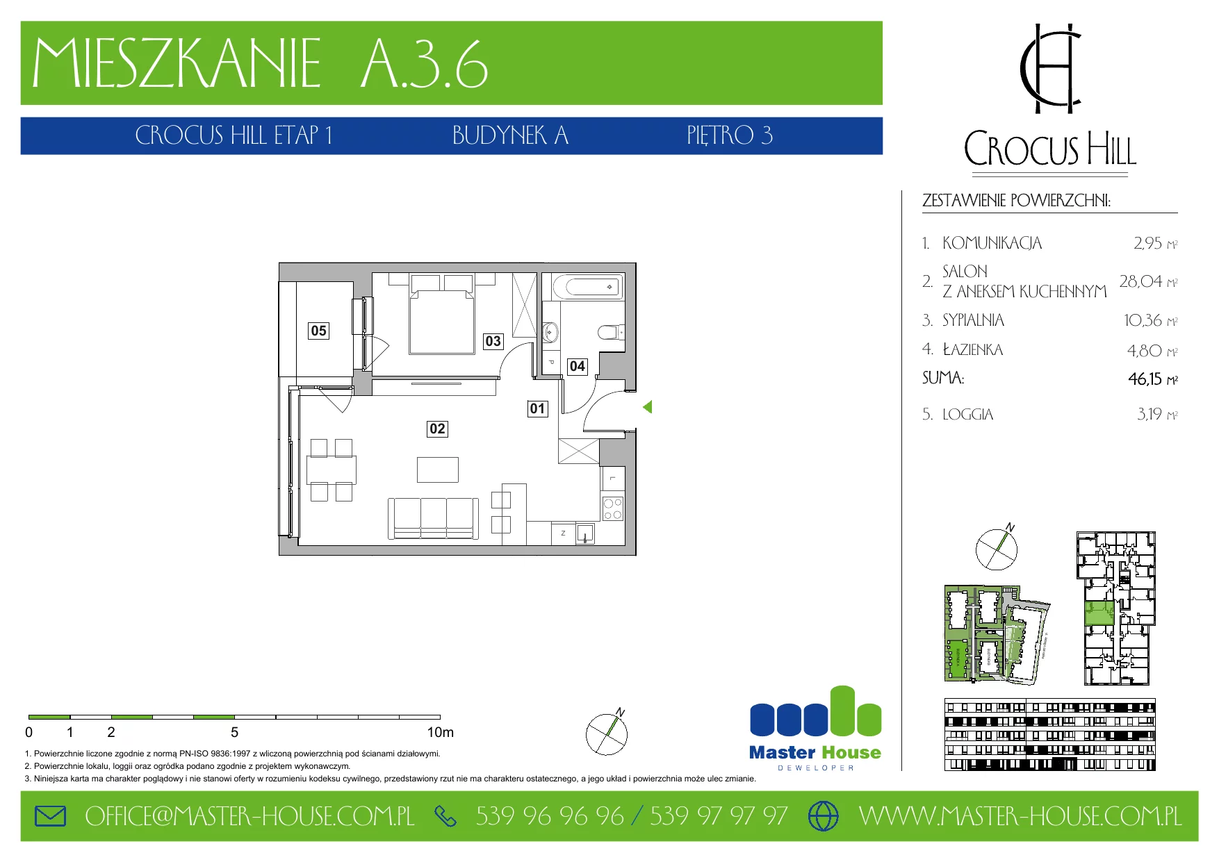 Mieszkanie 46,15 m², piętro 3, oferta nr A.3.6, Crocus Hill, Szczecin, Śródmieście, ul. Jerzego Janosika 2, 2A, 3, 3A